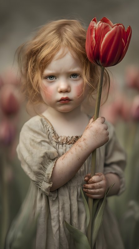 Child holding red tulip in a flower field during daylight Free Premium Stock Image - stock photo