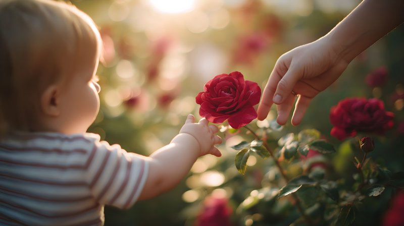 Child reaches for a red rose in a garden during sunset Free Premium Stock Image - stock photo