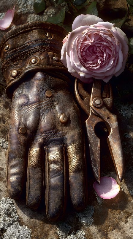 Gardening tools and a rose on a stone surface in sunlight Free Premium Stock Image - stock photo