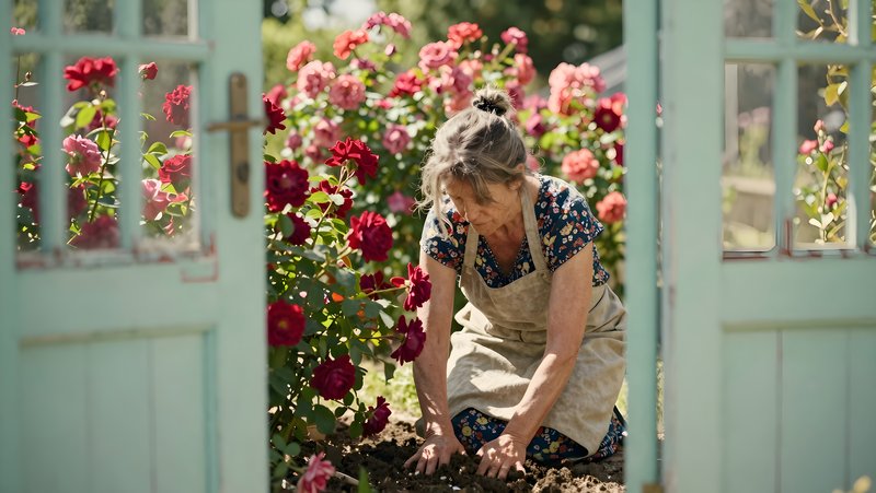 Woman gardens among roses on a sunny day in spring Free Premium Stock Image - stock photo