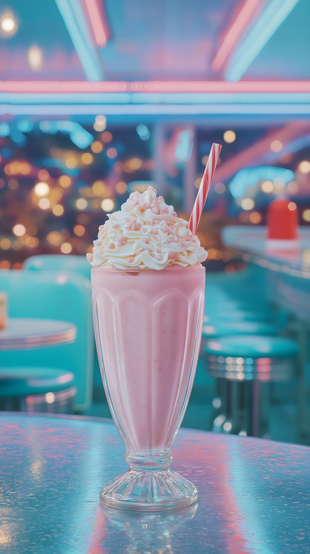 Milkshake is served at a retro diner with neon lights Free Premium Stock Photo - stock photo