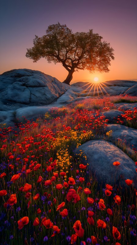 Sunrise over poppy field with tree and rocks Free Premium Stock Image - stock photo