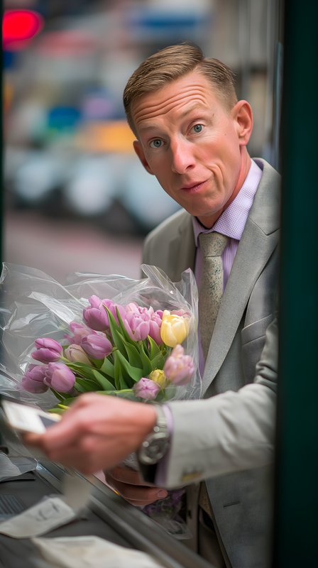 Man buys flowers in the city on a busy day Free Premium Stock Image - stock photo