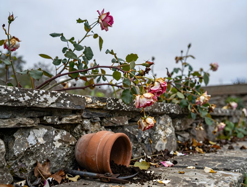 Roses and a broken pot lie on a stone wall in a garden Free Premium Stock Image - stock photo