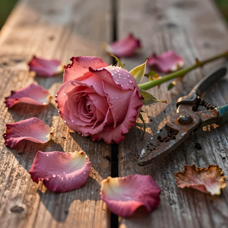 Rose on wooden table with petals and pruning shears Free Premium Stock Image - stock photo