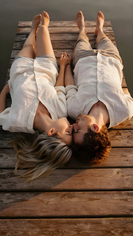 Couple enjoys time together on a dock by the water at sunset Free Premium Stock Image - stock photo