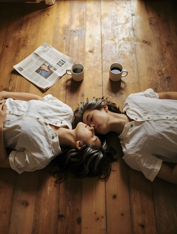 Couples share a moment on wooden floor with coffee cups Free Premium Stock Image - stock photo