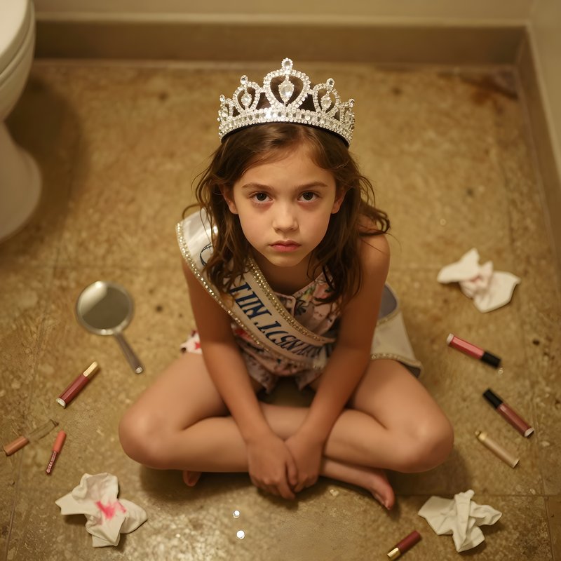 Young girl sits on bathroom floor with many items around Free Premium Stock Photo - stock photo