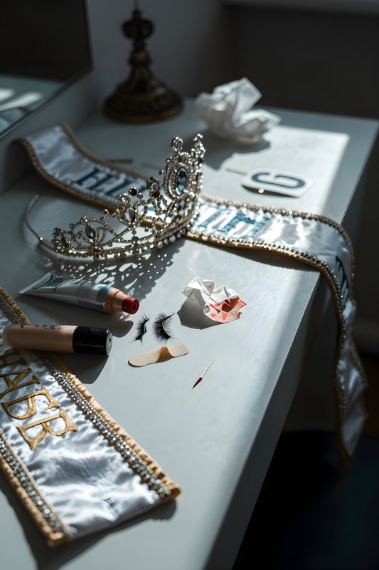 Items for a beauty pageant on a table in a bright room Free Premium Stock Image - stock photo