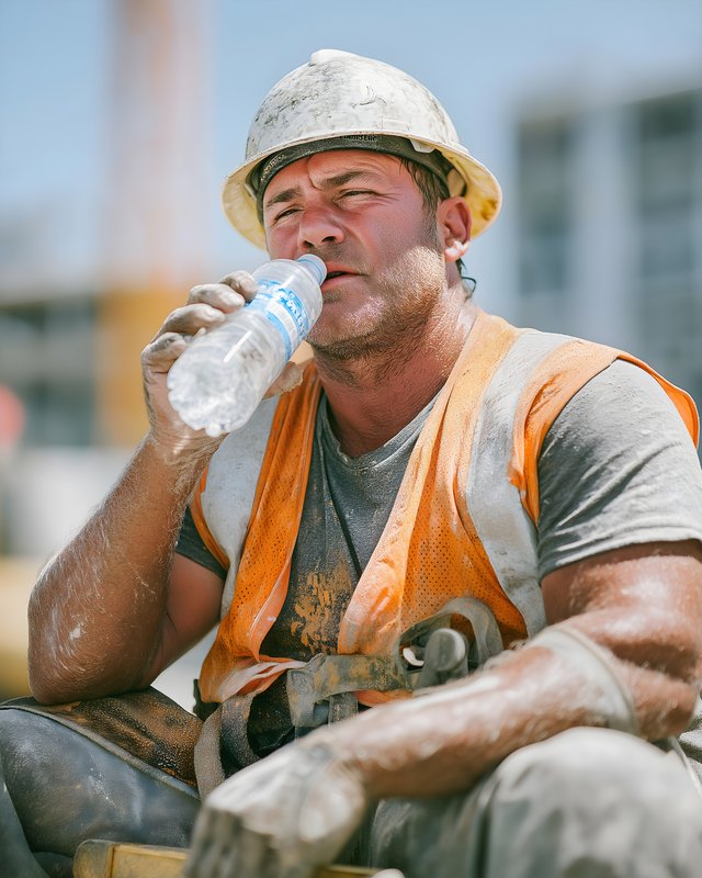 Worker takes a break to drink water on construction site Free Premium Stock Photo - stock photo