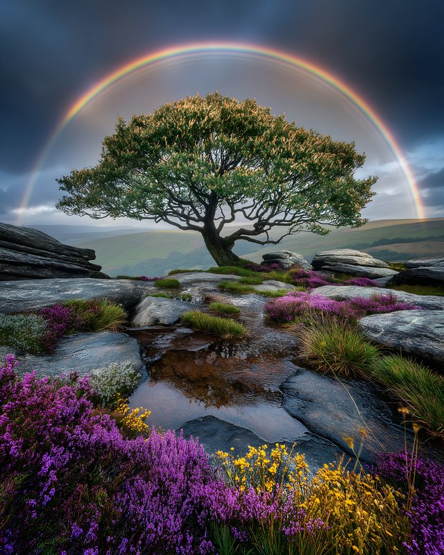 Beautiful tree under a rainbow sky with flowers and rocks Free Premium Stock Image - stock photo