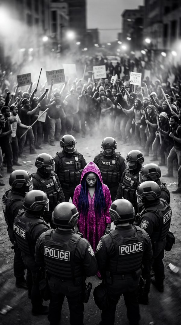 Protest with police and a woman in a pink coat in the crowd - stock photo