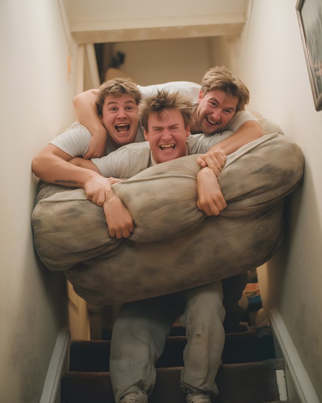 Group of friends carrying large sofa down the stairs Free Premium Stock Photo - stock photo