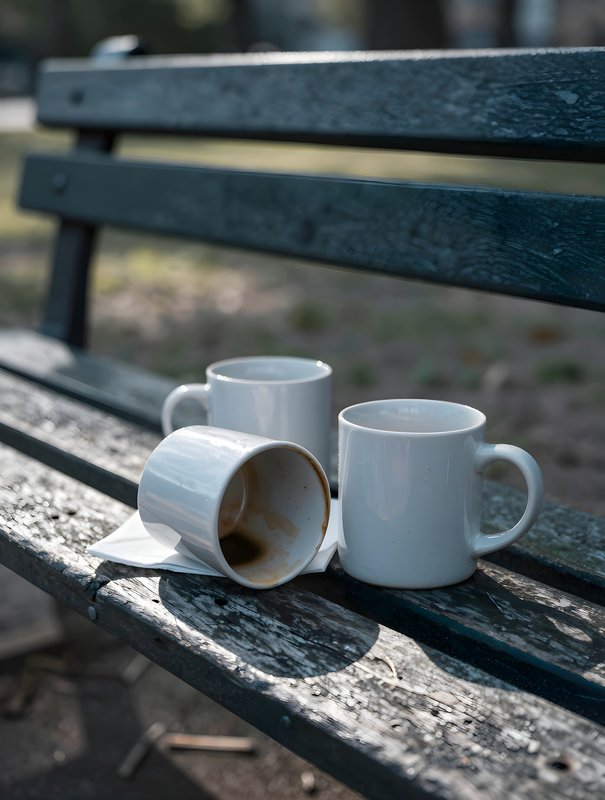 White mugs left on a park bench with spilled coffee Free Premium Stock Image - stock photo