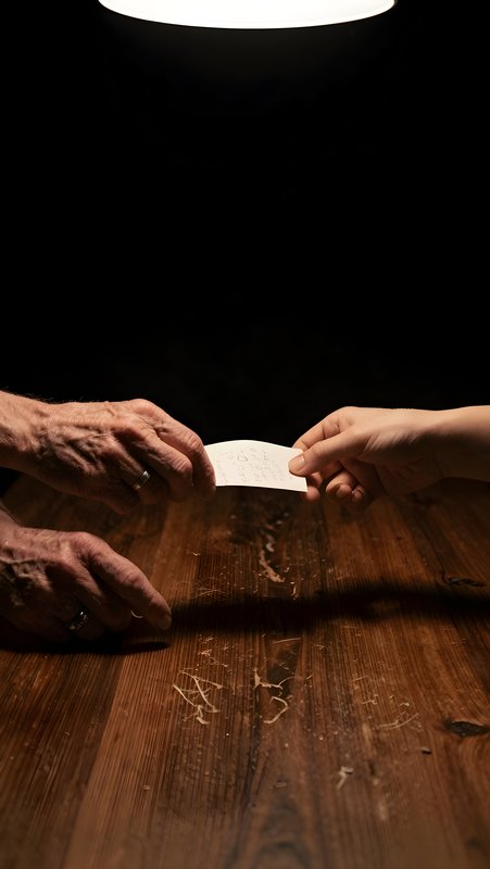 Hands exchange a piece of paper at a wooden table in darkness Free Premium Stock Image - stock photo