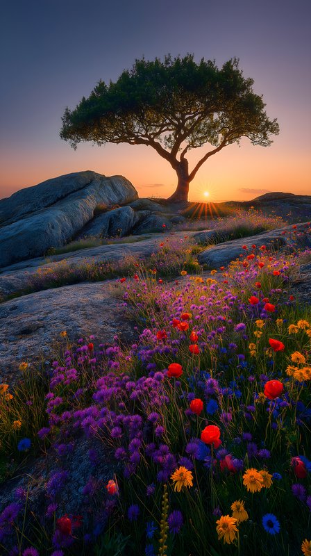 Sunrise over flowers and tree on rocky landscape Free Premium Stock Photo - stock photo