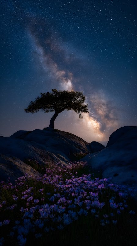 Tree stands on hill under stars and bright galaxy Free Premium Stock Photo - stock photo