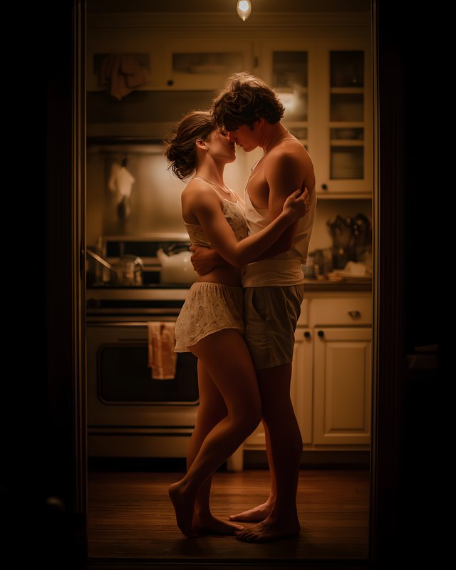 Couple embraces in kitchen during evening at home Free Premium Stock Image - stock photo