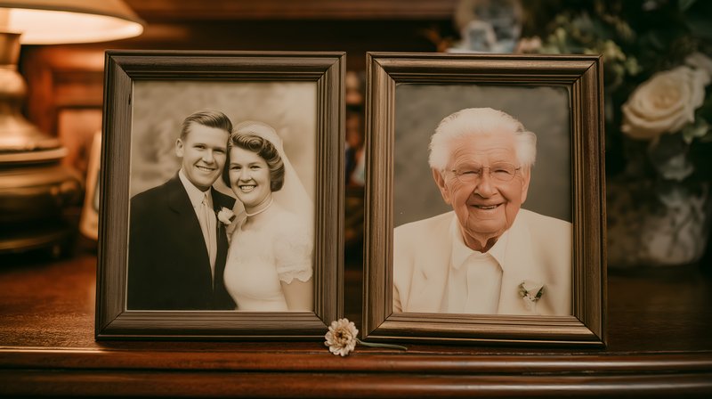 Couple's wedding photo and elderly man's portrait on display Free Premium Stock Photo - stock photo