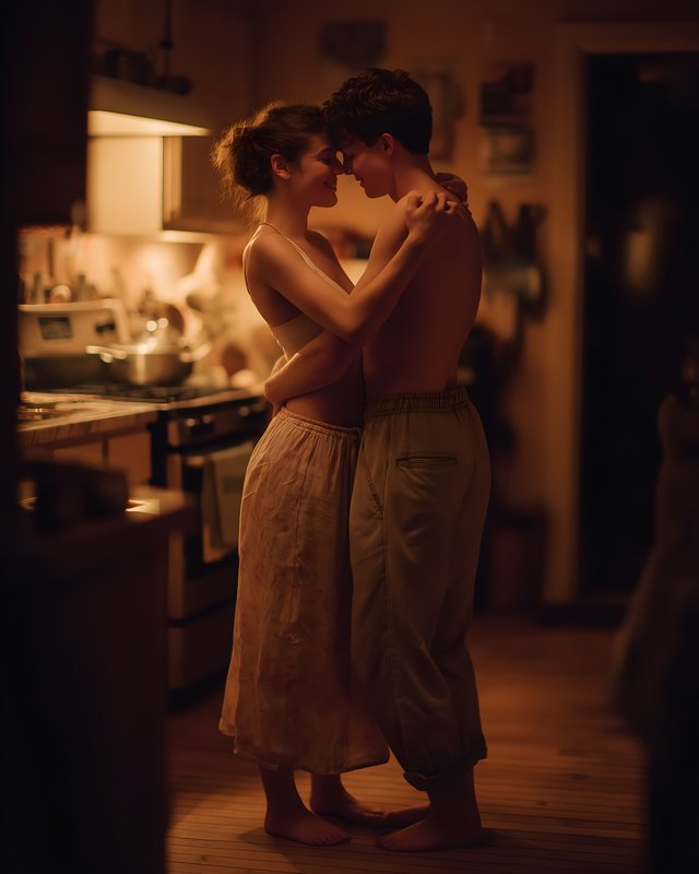 Couple dances together in kitchen at night Free Premium Stock Image - stock photo