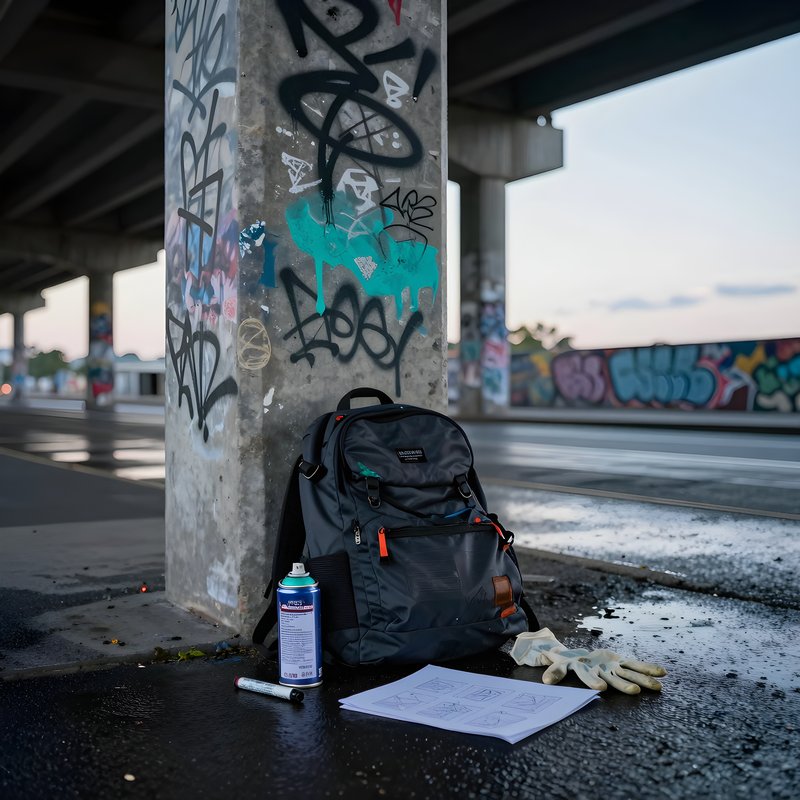 Graffiti tools and backpack found under urban bridge Free Premium Stock Image - stock photo