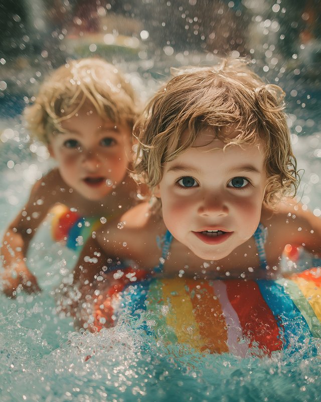 Two children play in a pool with colorful floats Free Premium Stock Image - stock photo