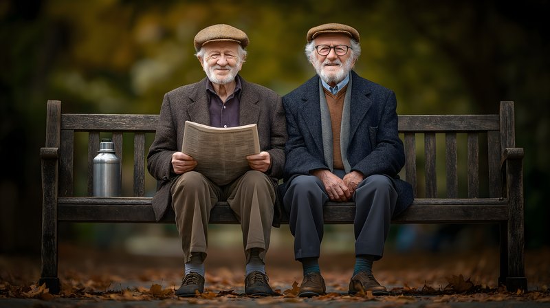 Two elderly men reading newspaper on park bench in autumn Free Premium Stock Photo - stock photo