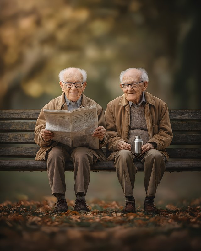 Two friends reading a newspaper on a park bench in autumn Free Premium Stock Photo - stock photo