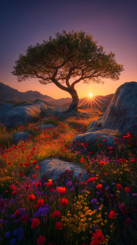 Sunrise over flowers and a tree in a rocky field Free Premium Stock Image - stock photo