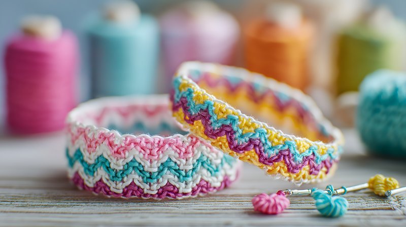 Handmade bracelets on a wooden table with colorful threads Free Premium Stock Image - stock photo
