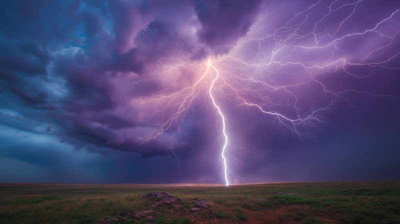 Lightning strikes during a storm over an open field Free Premium Stock Image - stock photo