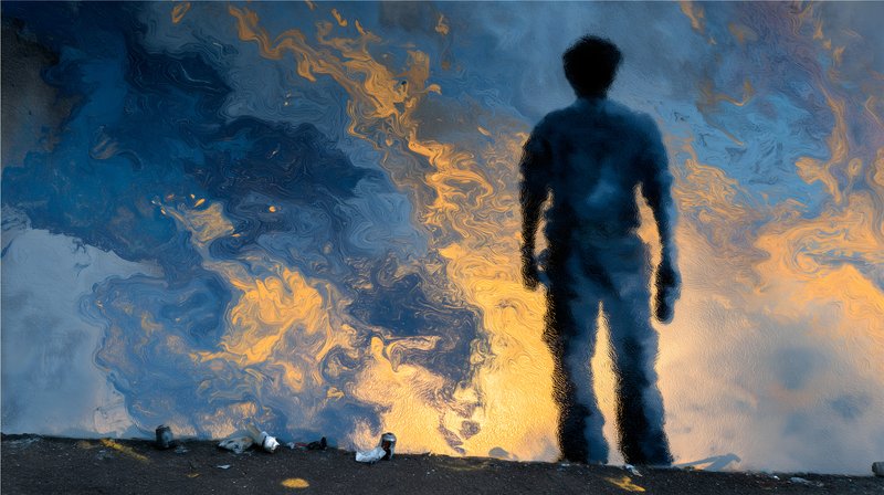 Person standing by water reflecting colors at dusk Free Premium Stock Image - stock photo