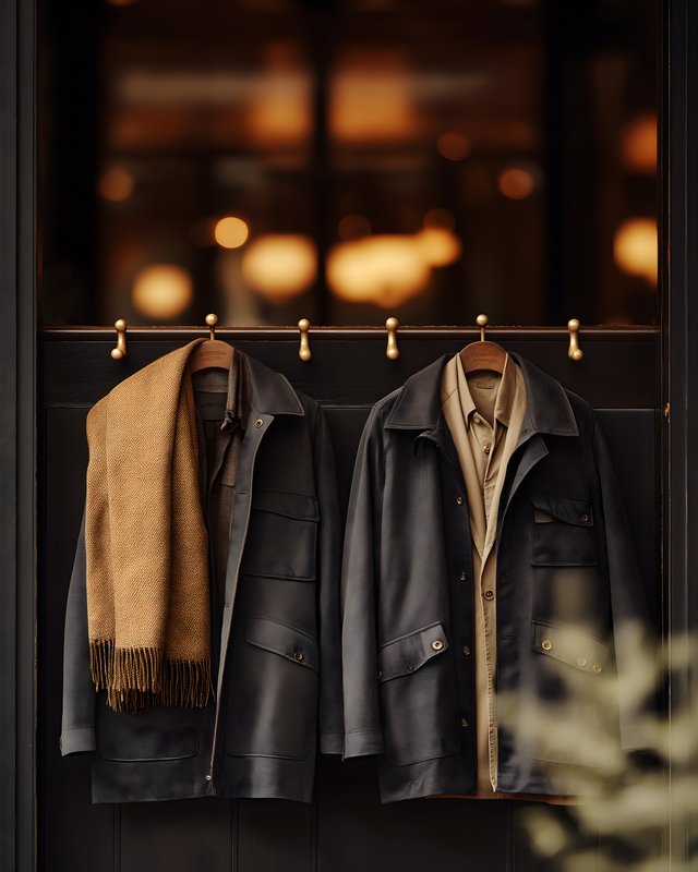 Coats and scarf hanging on hooks in a warm store setting Free Premium Stock Photo - stock photo