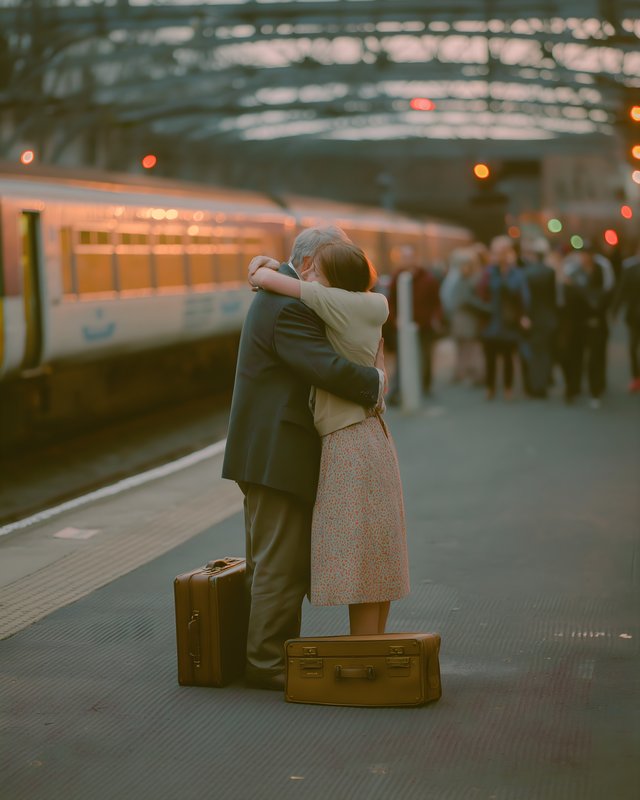 Couple embraces at train station during dusk Free Premium Stock Photo - stock photo