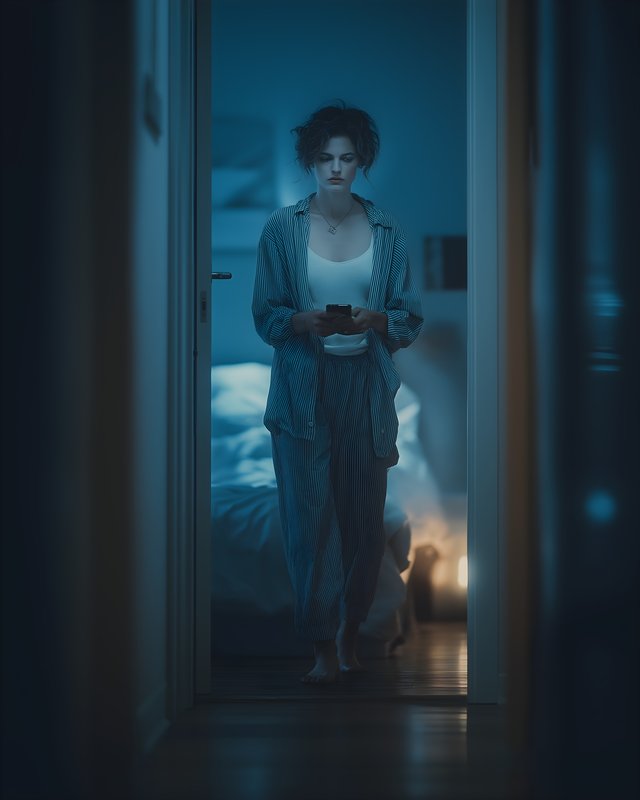 Woman walking in hallway holding phone at night Free Premium Stock Photo - stock photo