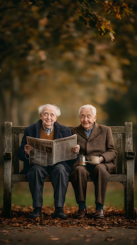 Two elderly men reading a newspaper on a bench in autumn Free Premium Stock Image - stock photo