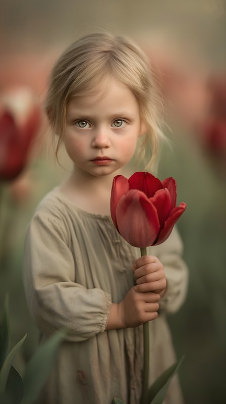 Child holds red flower in field of tulips at sunset Free Premium Stock Image - stock photo