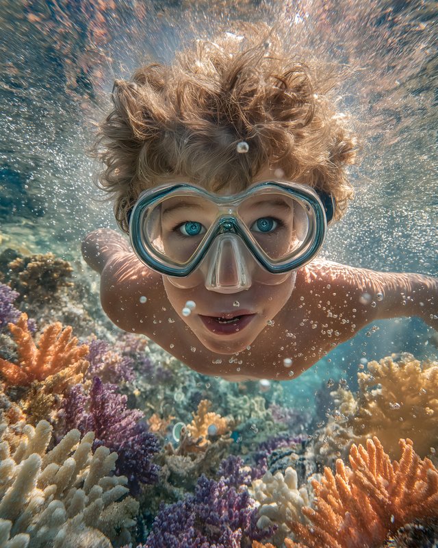 Young boy explores coral reef while snorkeling underwater Free Premium Stock Image - stock photo