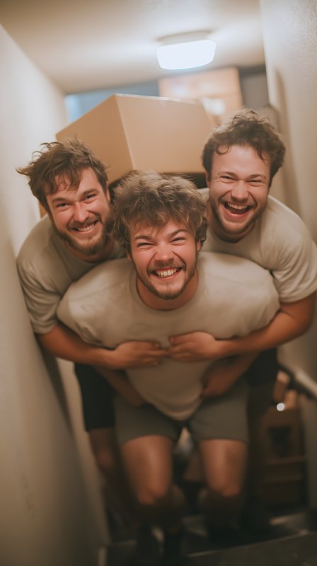 Three people carry a box down a flight of stairs in a house Free Premium Stock Image - stock photo