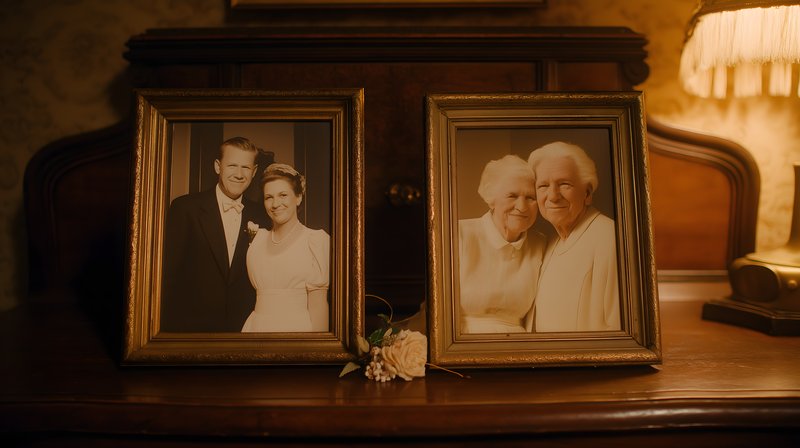 Couples celebrate life with framed memories on a wooden table Free Premium Stock Photo - stock photo