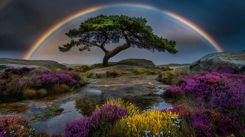 Rainbow over tree in nature landscape Free Premium Stock Photo - stock photo
