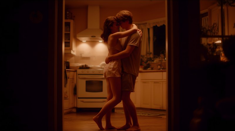 Couple dances together in a warm kitchen at night Free Premium Stock Image - stock photo
