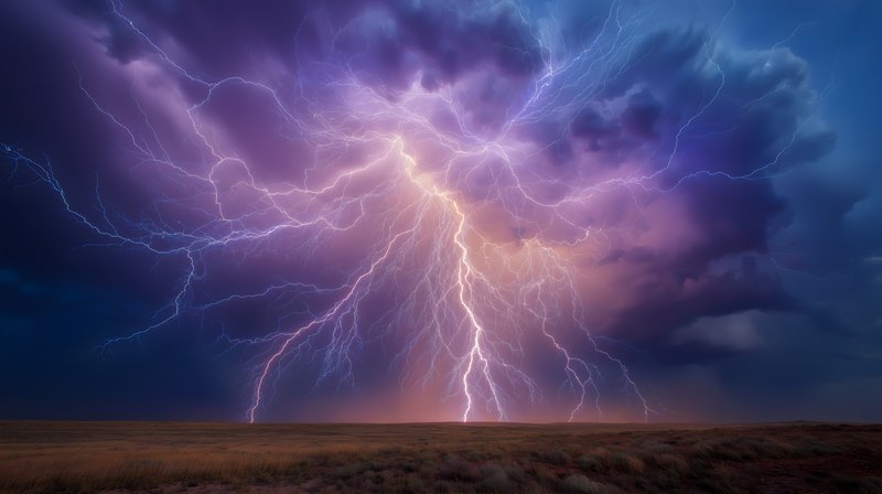 Lightning strikes over open field during stormy night Free Premium Stock Image - stock photo