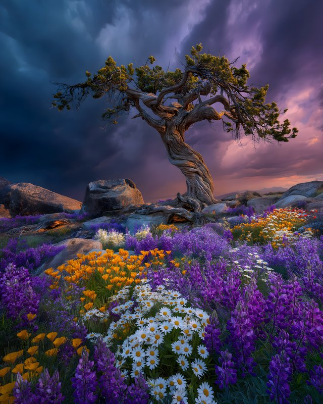 Tree stands alone in a field of colorful flowers at sunset Free Premium Stock Photo - stock photo