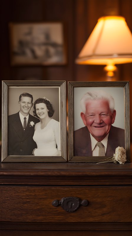 Couple and elderly man in photo frames on wooden table Free Premium Stock Image - stock photo