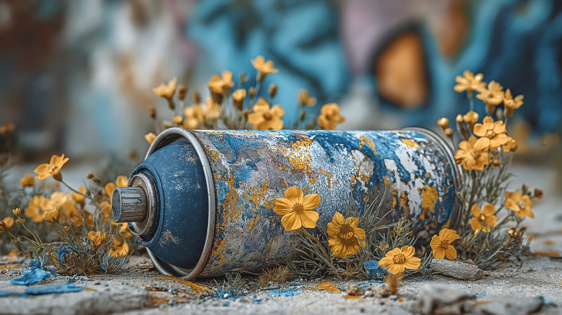 Spray can placed on ground among yellow flowers in urban space Free Premium Stock Photo - stock photo