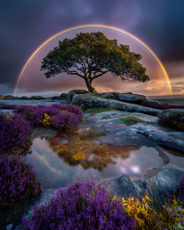 Rainbow arching over a tree and rocks in a valley Free Premium Stock Photo - stock photo