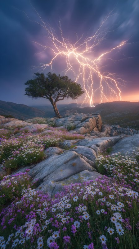 Lightning strikes over a field of flowers at sunset Free Premium Stock Image - stock photo