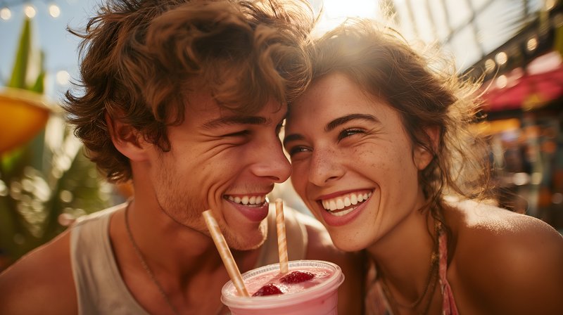 Couple enjoys drinks at a sunny outdoor location Free Premium Stock Photo - stock photo