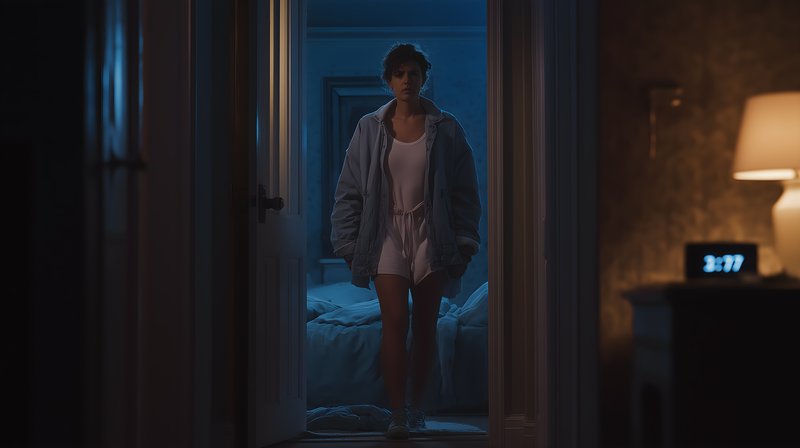 Girl walks in dark hallway at night with soft blue light Free Premium Stock Image - stock photo